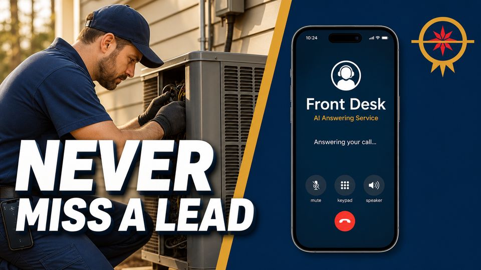 Technician working on an AC unit next to a phone showing a Front Desk call